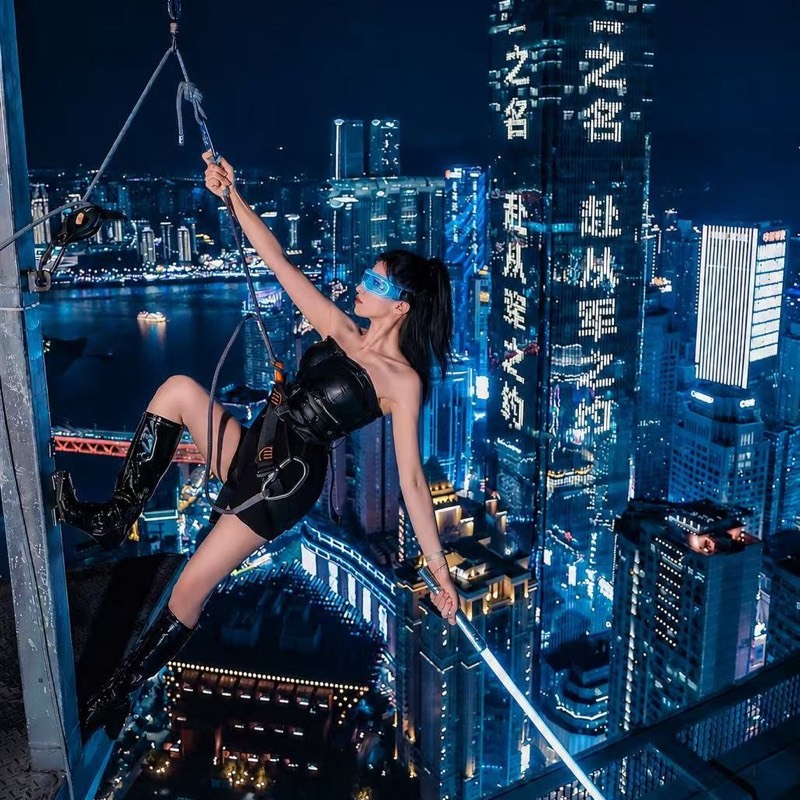 Rooftop portrait created by a local photography partner with the Chongqing skyline visible