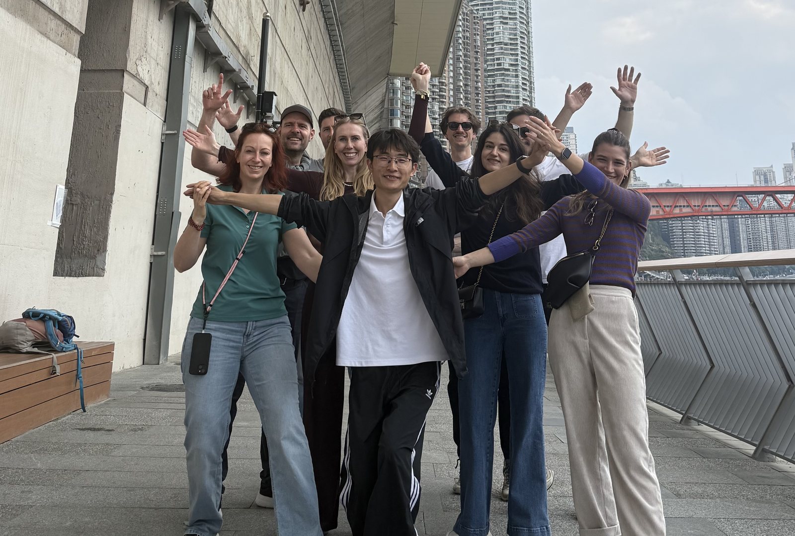 Elias with a group of travelers during a Chongqing city walk